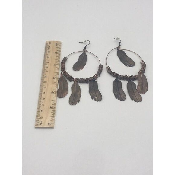 Boho Tribal copper feather hoop dangle French hook statement earrings. - Picture 6 of 7